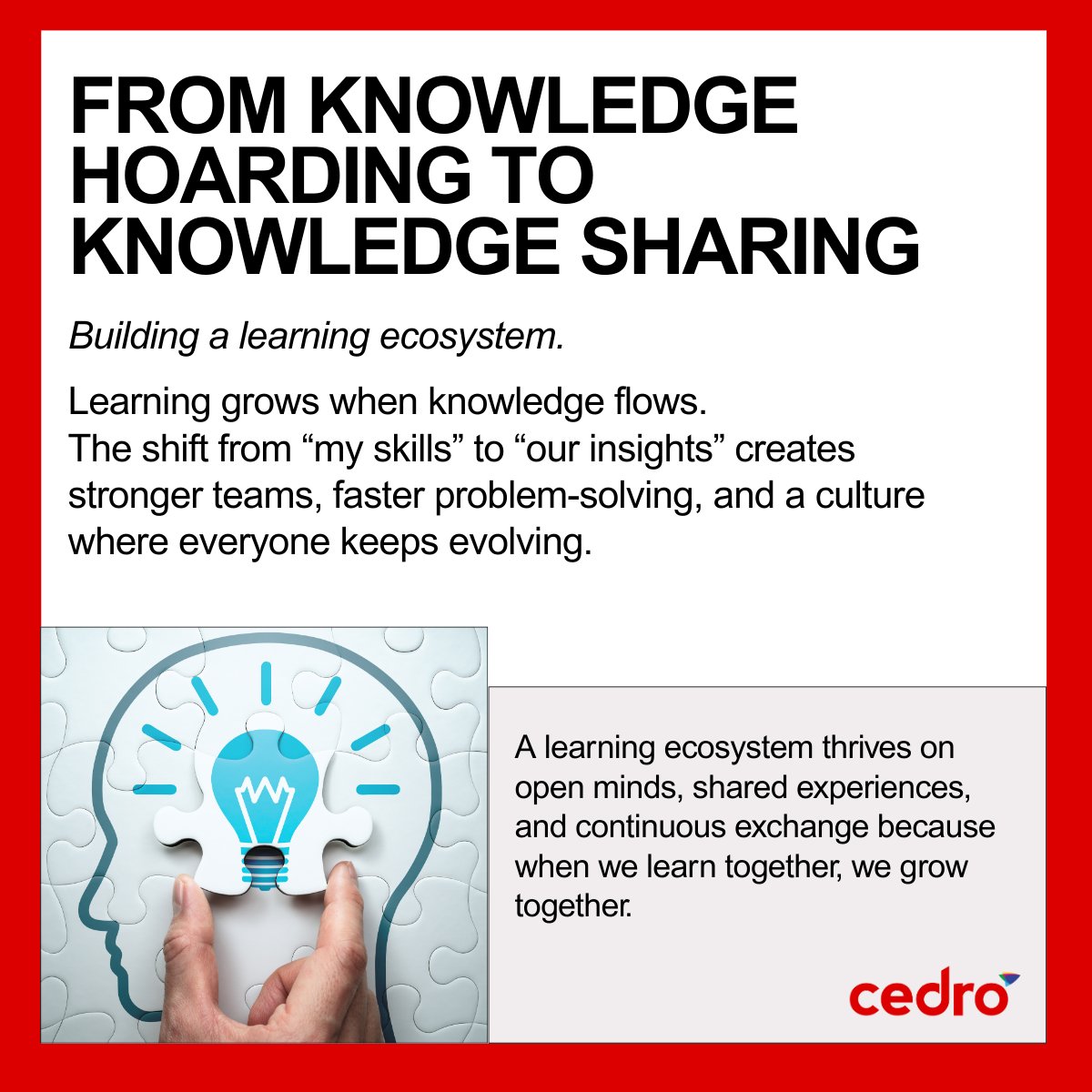 CedroSystems's tweet image. #FridayFocus

Moving from knowledge hoarding to knowledge sharing creates a healthy learning ecosystem where:
✨ Ideas circulate
✨ Skills spread faster
✨ Collaboration becomes stronger
✨ Continuous learning becomes part of everyday work

#LearningEcosystem #KnowledgeSharing