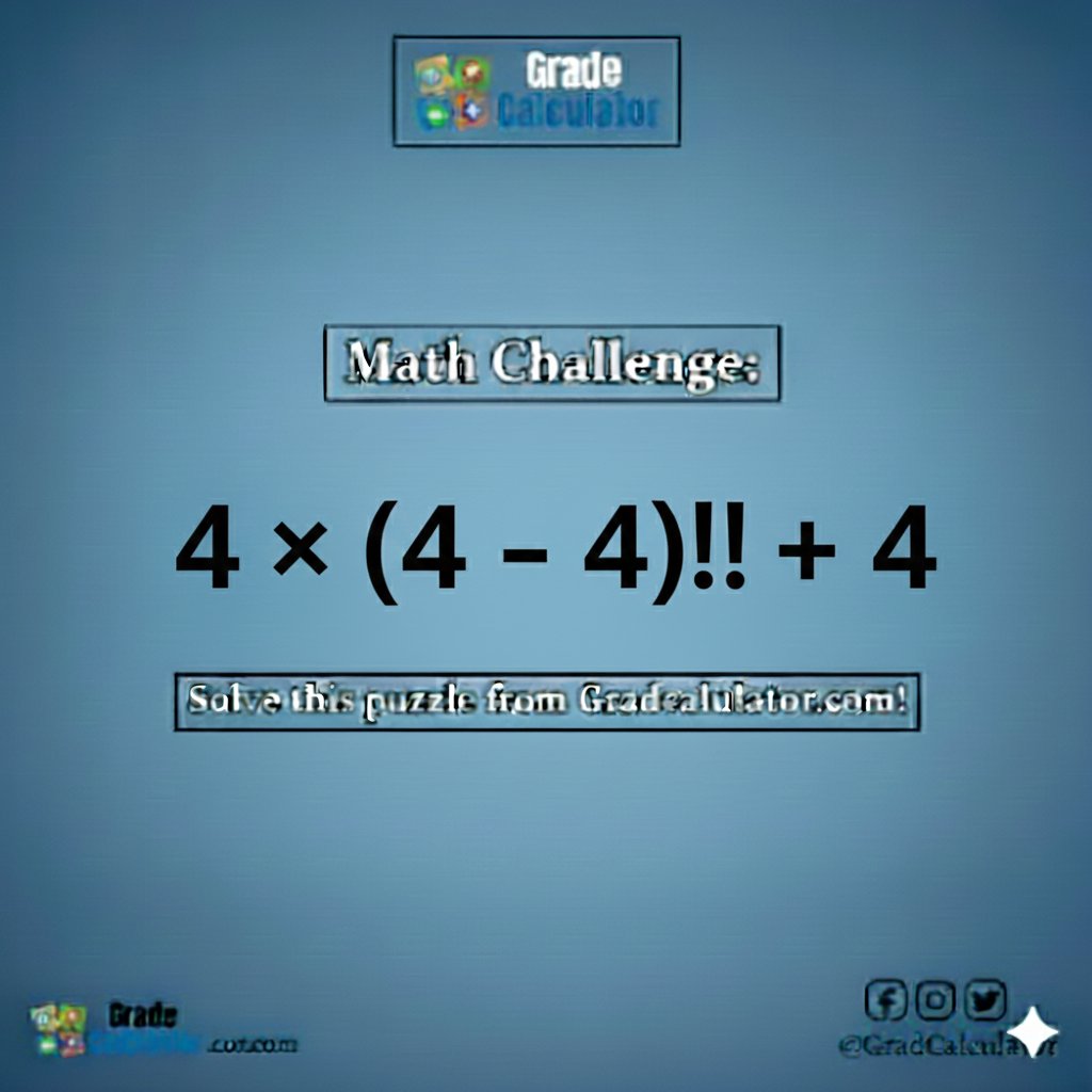 GradCalculator's tweet image. Can you solve this with only the number 4? 🧐 Show us how you&apos;d solve: 4 \times (4 - 4)! + 4
​gradcalculator.com
​#GradeCalculator #MathsPuzzle #ChallengeAccepted #SolveIt
