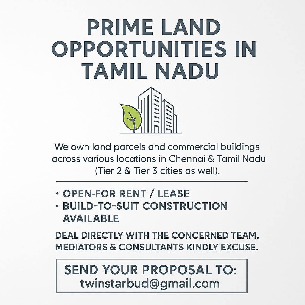 jaiandco's tweet image. Premium Land &amp;amp; Commercial Spaces Available Across Tamil Nadu.
Rent • Lease • BuildtoSuit.
Direct Owners ,No Mediators.
send proposal to  twinstarbud@gmail.com
#CommercialProperty #LandForLease #TamilNaduRealEstate #BuildToSuit #CommercialSpace #ChennaiProperty #RealEstateIndia