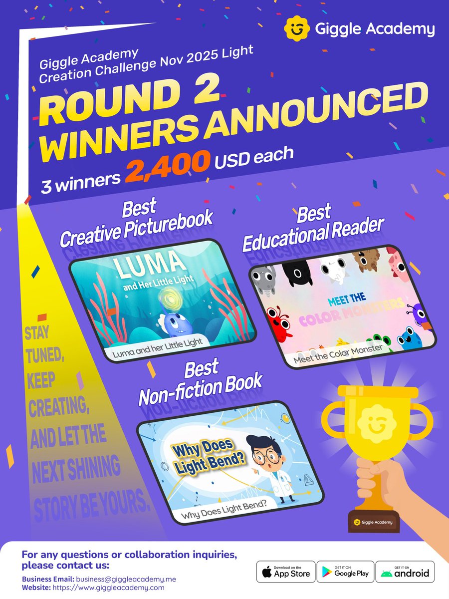 GiggleAcademy's tweet image. 🎉 Giggle Academy Storybook Creation Challenge – Round 2 Winners Announced!
🌟giggleacademy.com/story/detail/7…
🌟giggleacademy.com/story/detail/7…
🌟giggleacademy.com/story/detail/7…

Huge congratulations to our three outstanding winners — each receiving $2,400 USD for their brilliant creations. 🌟
Your…