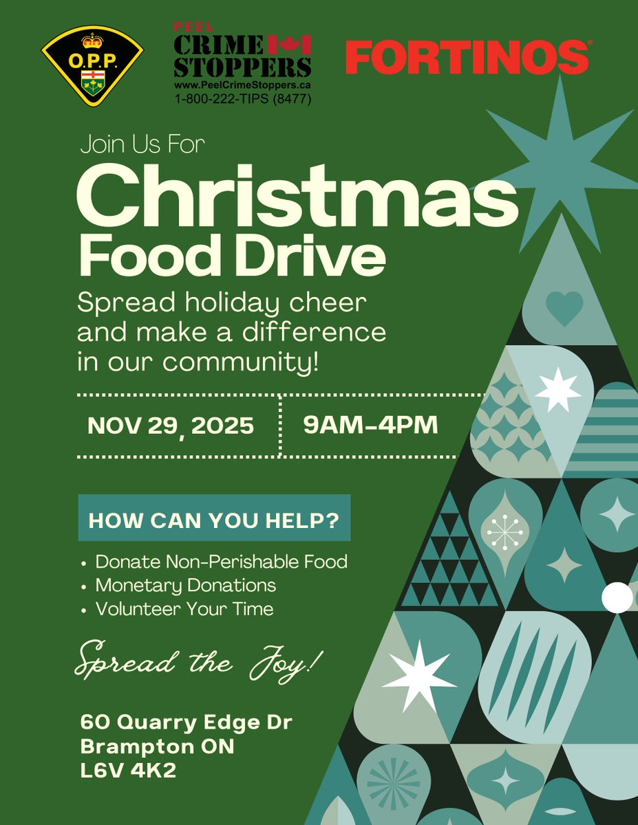 🎄 Join Us for the Christmas Food Drive! 🎄Peel Crime Stoppers is proud to team up with Fortinos and Ontario Provincial Police - Central Region to help support families in our community this holiday season. ❤️ LEARN MORE: peelcrimestoppers.ca/christmas-food…

#PeelCrimeStoppers #Community