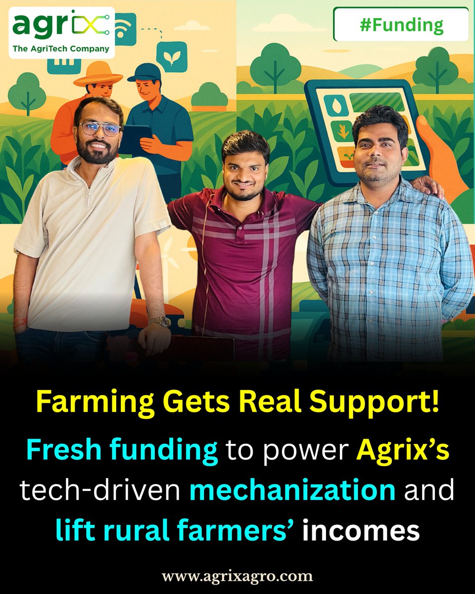 AgrixIndia's tweet image. At Agrix, we simplify access to mechanization for rural farmers. 

Our cluster-based FaaS model ensures efficient, on-time farm operations. With founders @SauravAgrix, Nilay, and Vivek.

we’re building organised, profitable, and dignified farming for rural communities.

#funding