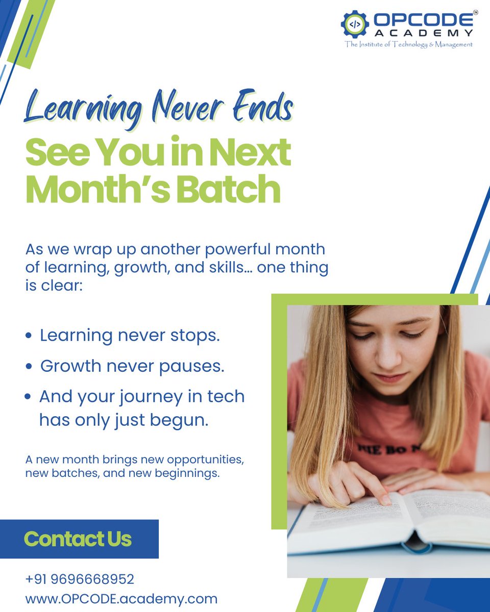 opcodeacademy's tweet image. 📚 End of Month Post.

Learning Never Ends — See You in Next Month’s Batch! 🚀

✨ See you in next month’s batch!
Let’s continue learning, building, and transforming futures — together.

#EndOfMonth #NewBatch #KeepLearning #OPCODEAcademy