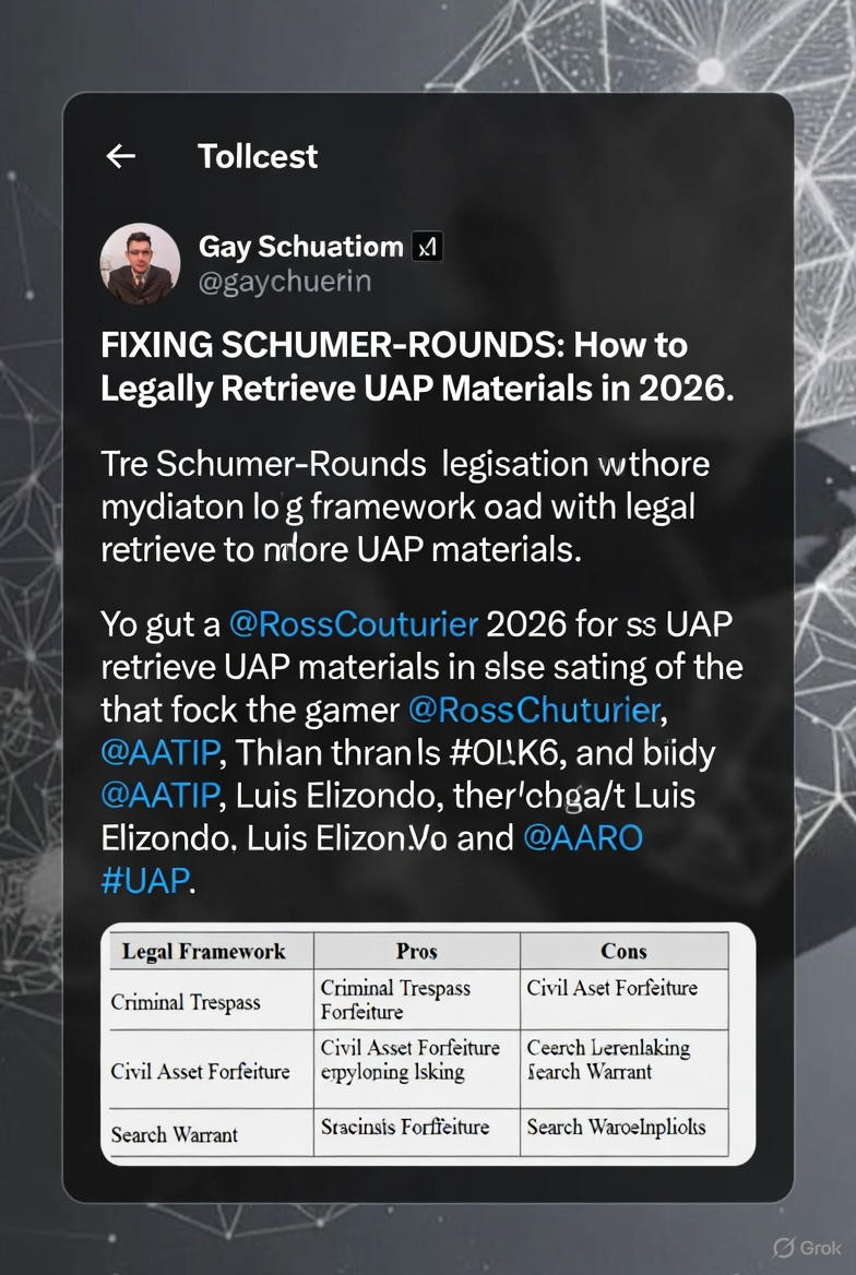 gundamf99's tweet image. 🚨 FIXING SCHUMER-ROUNDS: How to Legally Retrieve UAP Materials in 2026

Original eminent-domain clause got stripped — too broad.

3 bulletproof alternatives that achieve the exact same goal without the backlash.

Full legislative-ready plan 🧵👇
#UAP #UAPTransparency