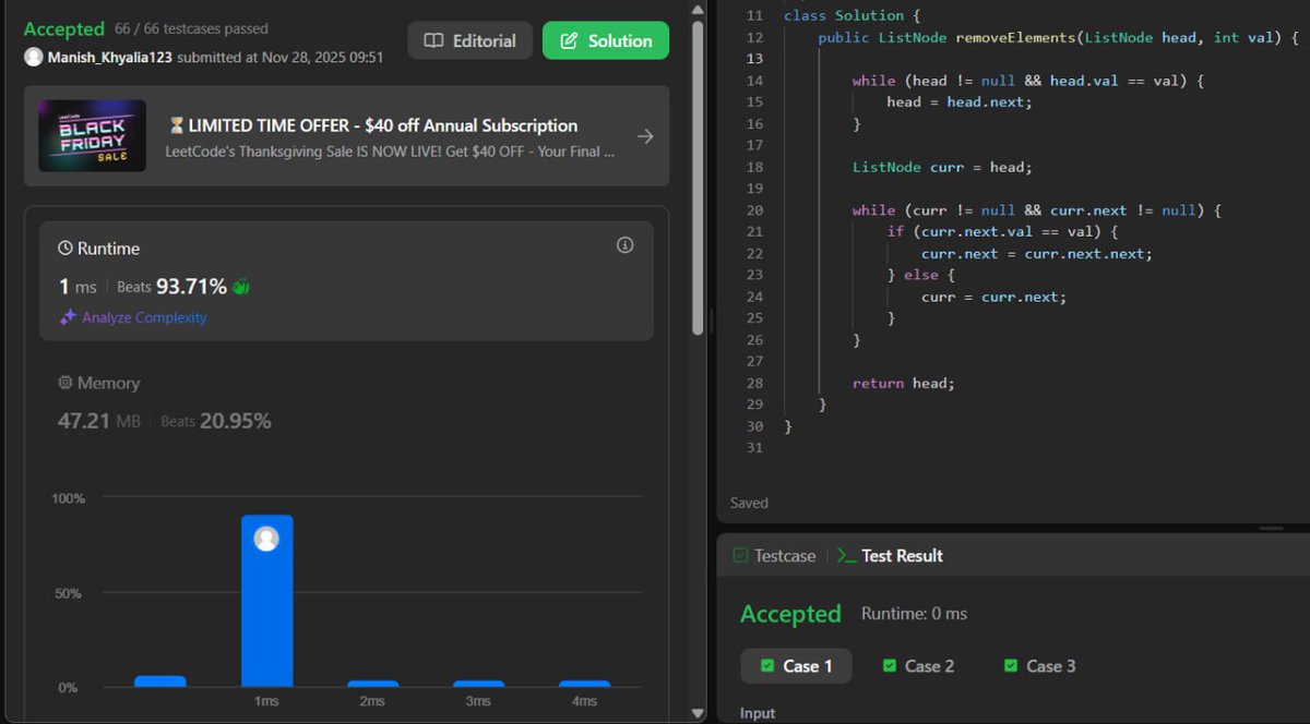 Manish_Kumar60's tweet image. Solved LeetCode 203 – Remove Linked List Elements
Used two simple linked-list tricks here:
• First skip all matching nodes at the head.
• Then scan through and unlink nodes equal to the target value.
#leetcode #dsa #linkedlist