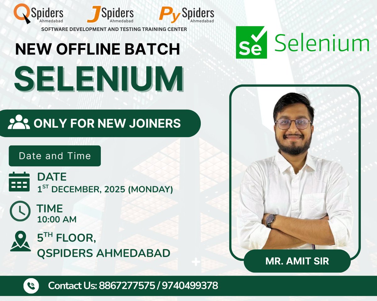 QspAhmedabad's tweet image. 🚀 New Batch Alert! 🚀
New Selenium batch starting soon by Mr. Amit Sir!
Only for new joiners!
Automate your career growth with top-notch Selenium training and expert mentorship!
#QSpidersAhmedabad #Selenium #AutomationTesting #NewBatch
