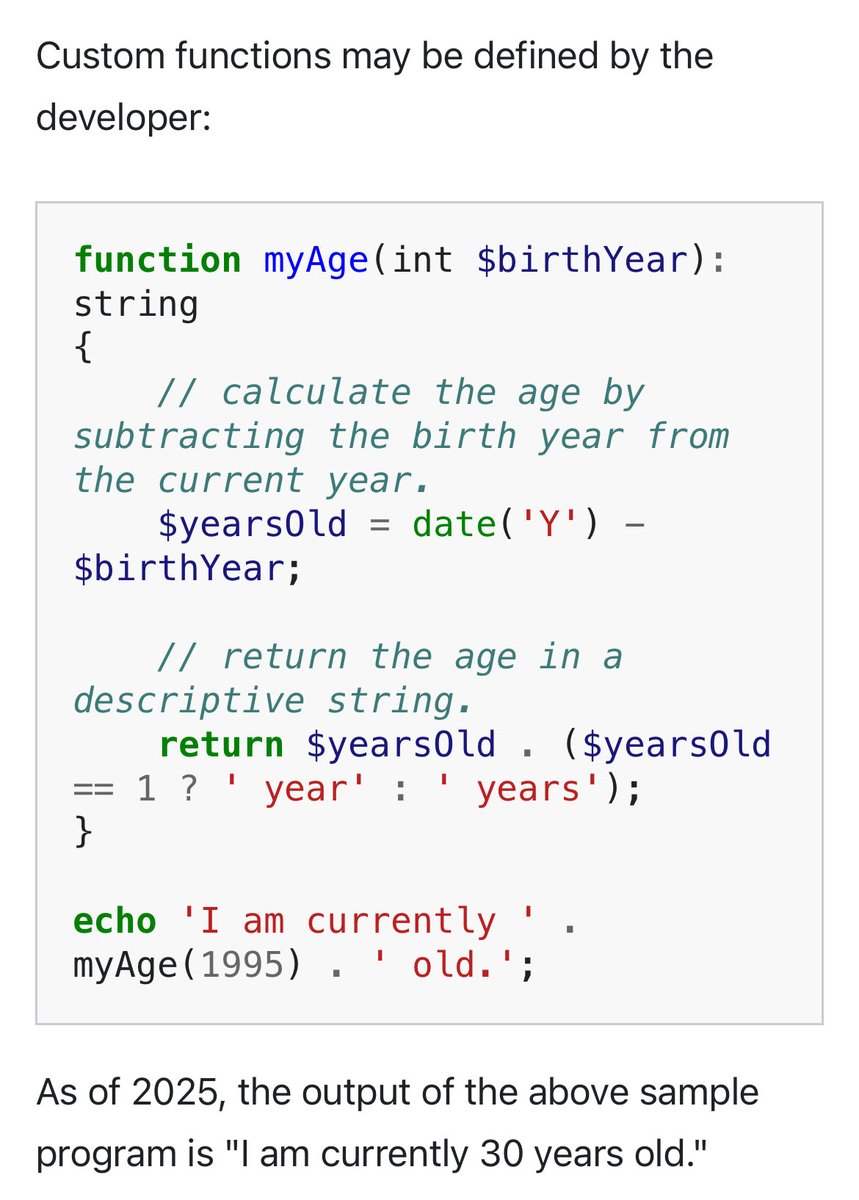 Savphill's tweet image. An example of a php function on the php Wikipedia page. I don’t think I would write a function this way to display someone’s age 😂 #php

en.wikipedia.org/wiki/PHP