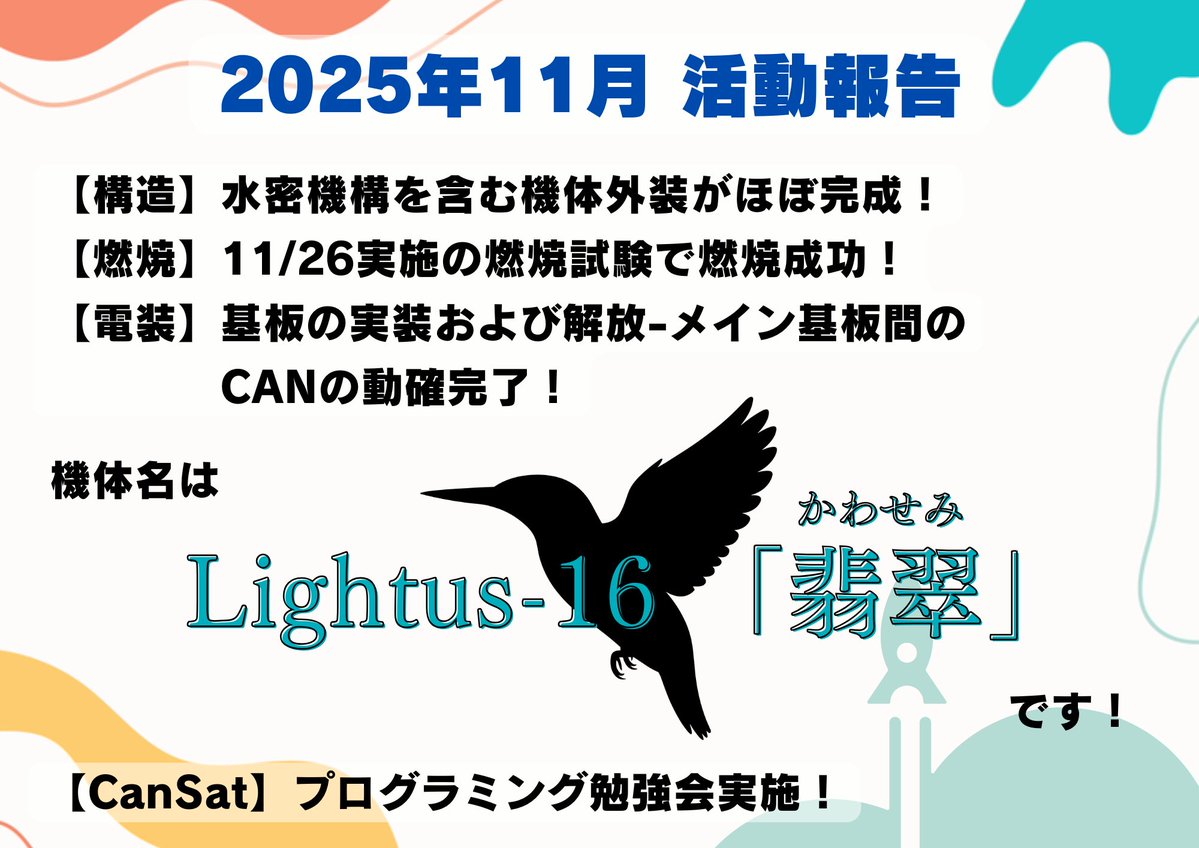 【11月 活動報告】

ロケット班は伊豆大島共同実験に向けて機体の制作を順調に進めています！

エンジン開発も2度の失敗がありましたが，見事先日の燃焼試験で成功したので，来月は再現性を取るためにの試験を行います🔥

CanSat班は次に参加する競技に向けてプログラミングの勉強会などを行いました！
