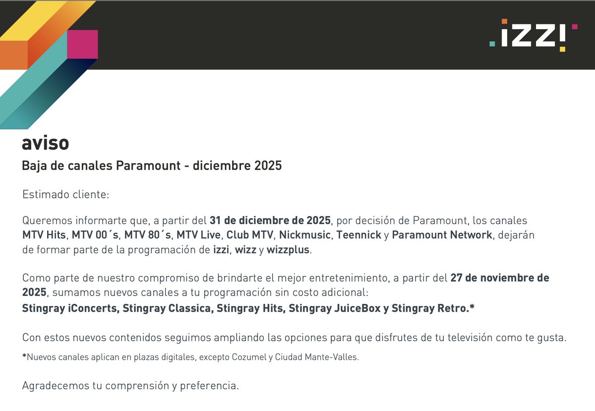 MasFarandulaOf's tweet image. IZZI informa que a partir del 31 de diciembre varios canales de Paramount dejarán de estar disponibles en su programación. 

MTV Hits, MTV 00's, MTV 80's, MTV live, club MTV, Nickmusic, Teennick y Paramount Network saldrá de Izzi 

#Izzi #Paramount