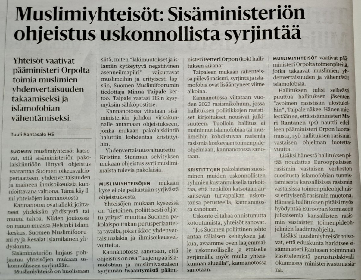 ALuukkainen's tweet image. Hamasin Sanomien toimittelijatar Tuuli Rantasalo käyttää viidesti sanaa &quot;islamofobia&quot;. Suomen muslimifoorumin tiedottaja Minna Taipale vaatii, että Suomi keskittyy jatkossakin haittamaahanmuuttoon eli ottaa vain muslimeita oikeiden pakolaisten, hyödyllisten kristittyjen sijaan.