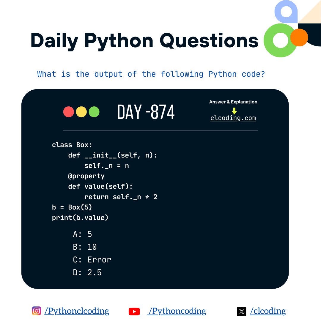 clcoding's tweet photo. Python Coding challenge - Day 874| What is the output of the following Python Code?

Answer with Explanation: https://t.co/qaF0zPP4t0 https://t.co/hvlzz0YuVi