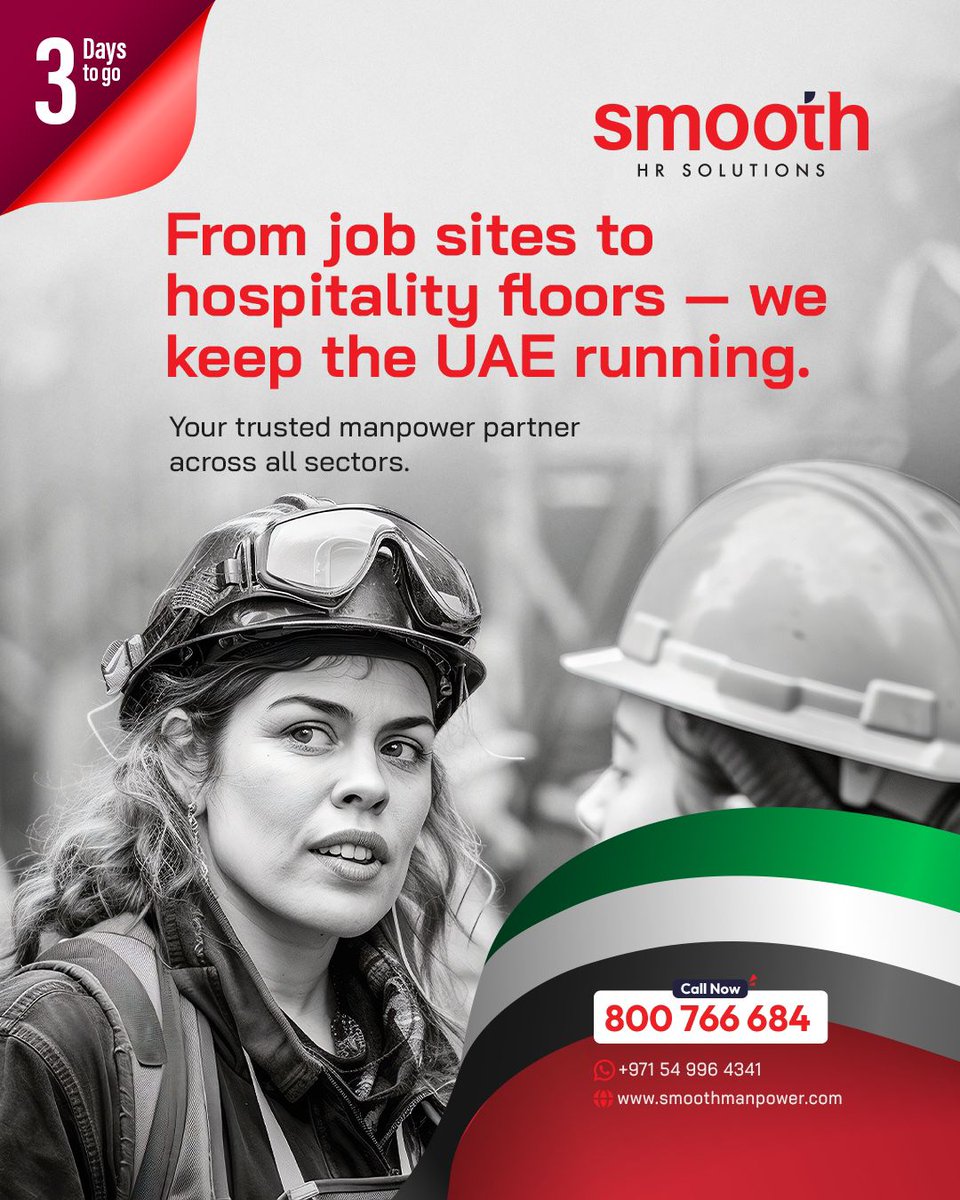 smooth_group's tweet image. 3 Days to Celebrate the Hands and Hearts Building the UAE.

Contact us: 800 766 684

smoothmanpower.com

#staffingsolutions #manpower #professionalservice  #electricalwork #unbeatablemanpower #plumbing #plumbingworks #mechanicalworks #nationalday #UAEnationalday