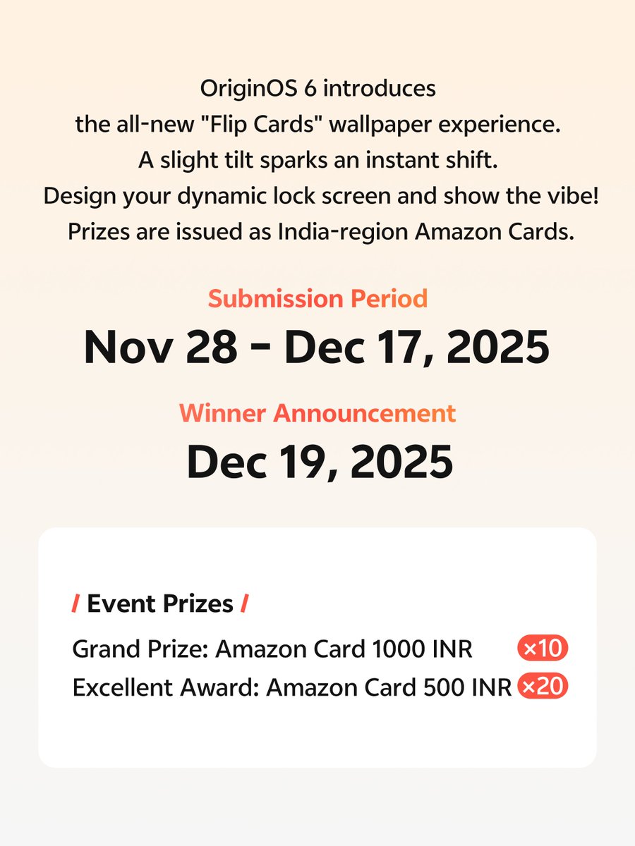 OriginOS_Global's tweet image. Challenge time! Show us your best Flip Cards. Tilt, record, and share to win Amazon Cards! Are you ready to flip the script? Join the #FlipCardsChallenge today! 👇#OriginOS6 #FlipCardsChallenge