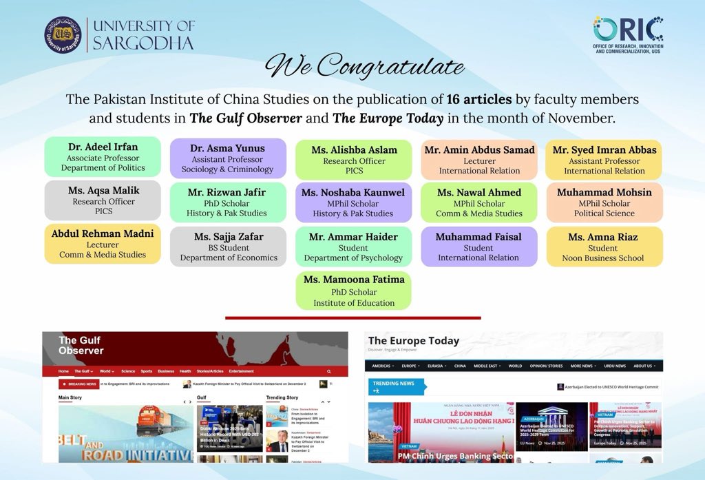 The Pakistan Institute of China Studies (PICS), University of Sargodha, is delighted to announce the publication of 16 research-driven articles authored by our distinguished faculty members and talented students in The Gulf Observer and The Europe Today.