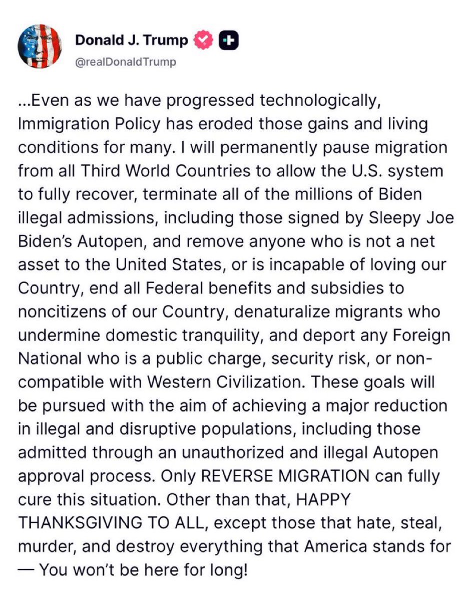 TheInsiderPaper's tweet image. BREAKING - Trump announces to &apos;permanently pause migration from all Third World Countries&apos;