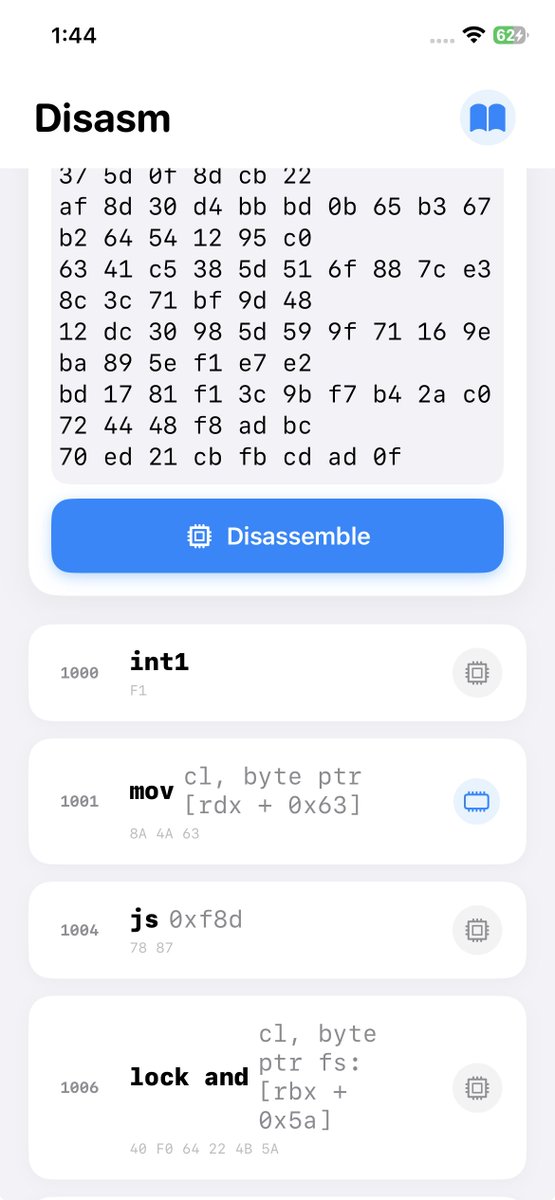 Simple Hex to Asm Instruction converter is here!
Wanted to make this since 2024 but due to unfixable capstone lib error, couldn't make it happen..
Thanks <a href="/JH_Pointer/">Mx-Iris</a> for the capstone-swift wrapper!
Without your wrapper fix, This couldn't be created🥹