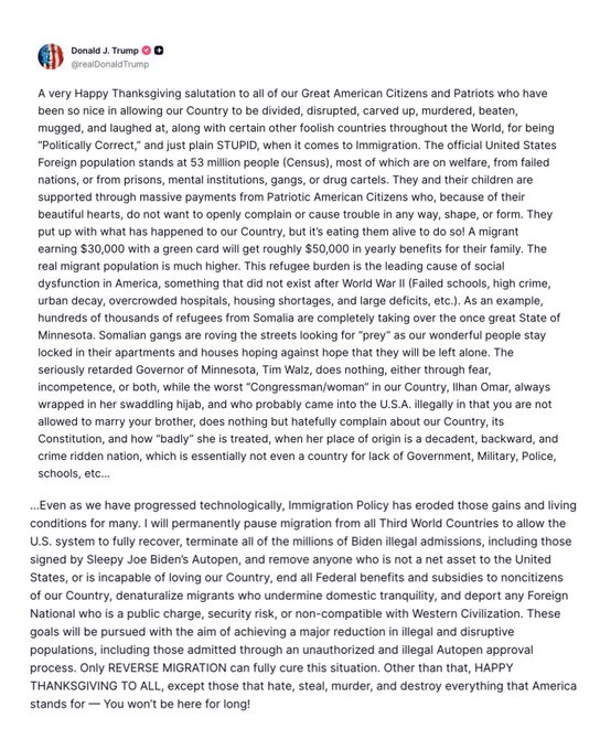 Screenshot of a Truth Social post by @realDonaldTrump, featuring a Thanksgiving-themed message with American flag emojis, text criticizing immigration policies, and a profile image of Donald Trump. The post is dated around Thanksgiving 2025 and includes hashtags or platform indicators.