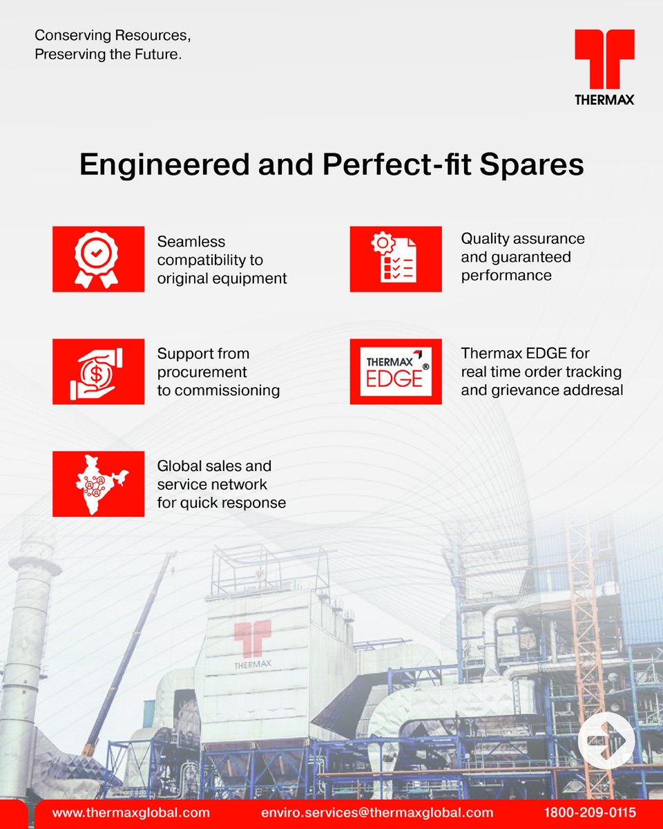 Thermaxglobal's tweet image. Keep your APC (Air Pollution Control) systems performing at their best with Thermax Aftermarket Services—from engineered spares and conditional assessments to overhauling, branded service packages, and performance enhancement programmes, all backed by real-time tracking through…
