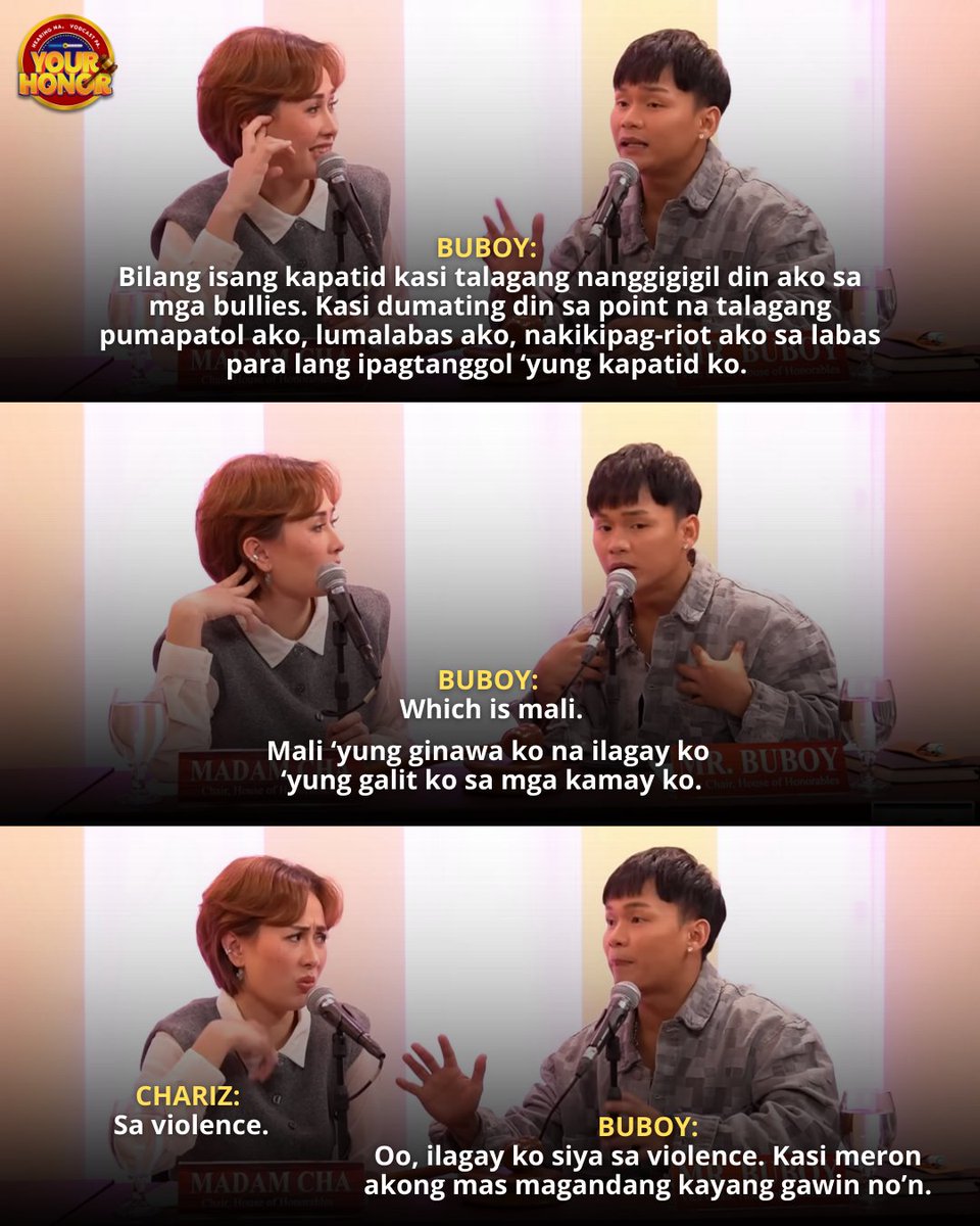 gmanetwork's tweet image. Ganda ng reflection ni Vice Chair, violence isn’t the answer. 💯💛

#YouLOLYourHonor | Saturdays, after &apos;Pepito Manaloto&apos;
Watch full #YourHonor episode here: bit.ly/4plneAl
#Pipay #CharizSolomon #BuboyVillar