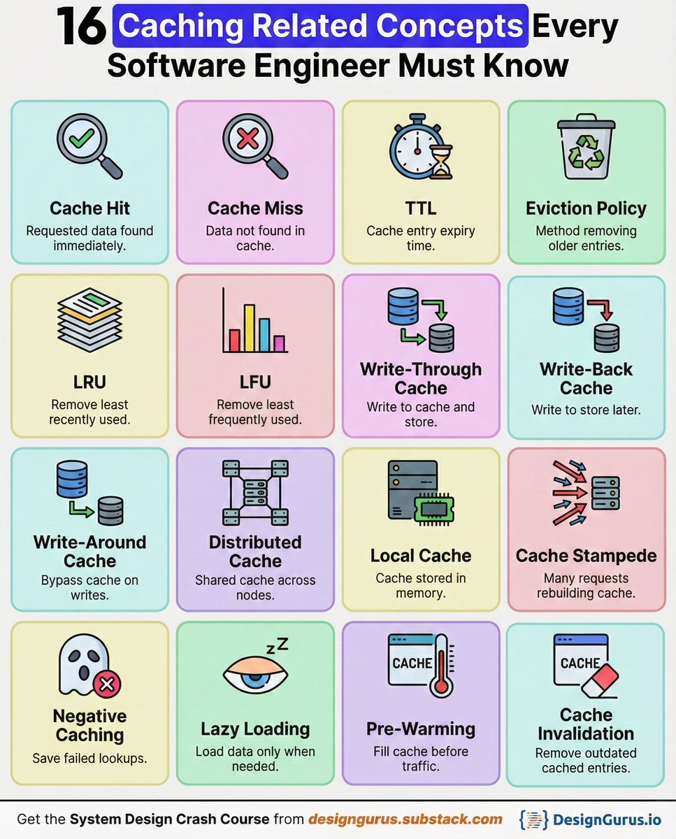 arslan_ah's tweet image. 𝟏𝟔 𝐂𝐚𝐜𝐡𝐢𝐧𝐠 𝐑𝐞𝐥𝐚𝐭𝐞𝐝 𝐂𝐨𝐧𝐜𝐞𝐩𝐭𝐬 𝐄𝐯𝐞𝐫𝐲 𝐒𝐨𝐟𝐭𝐰𝐚𝐫𝐞 𝐄𝐧𝐠𝐢𝐧𝐞𝐞𝐫 𝐌𝐮𝐬𝐭 𝐊𝐧𝐨𝐰

Read full post: substack.com/home/post/p-18…

Cache Hit. Requested data found immediately
Cache Miss. Data not found in cache
TTL. Cache entry expiry time
Eviction…