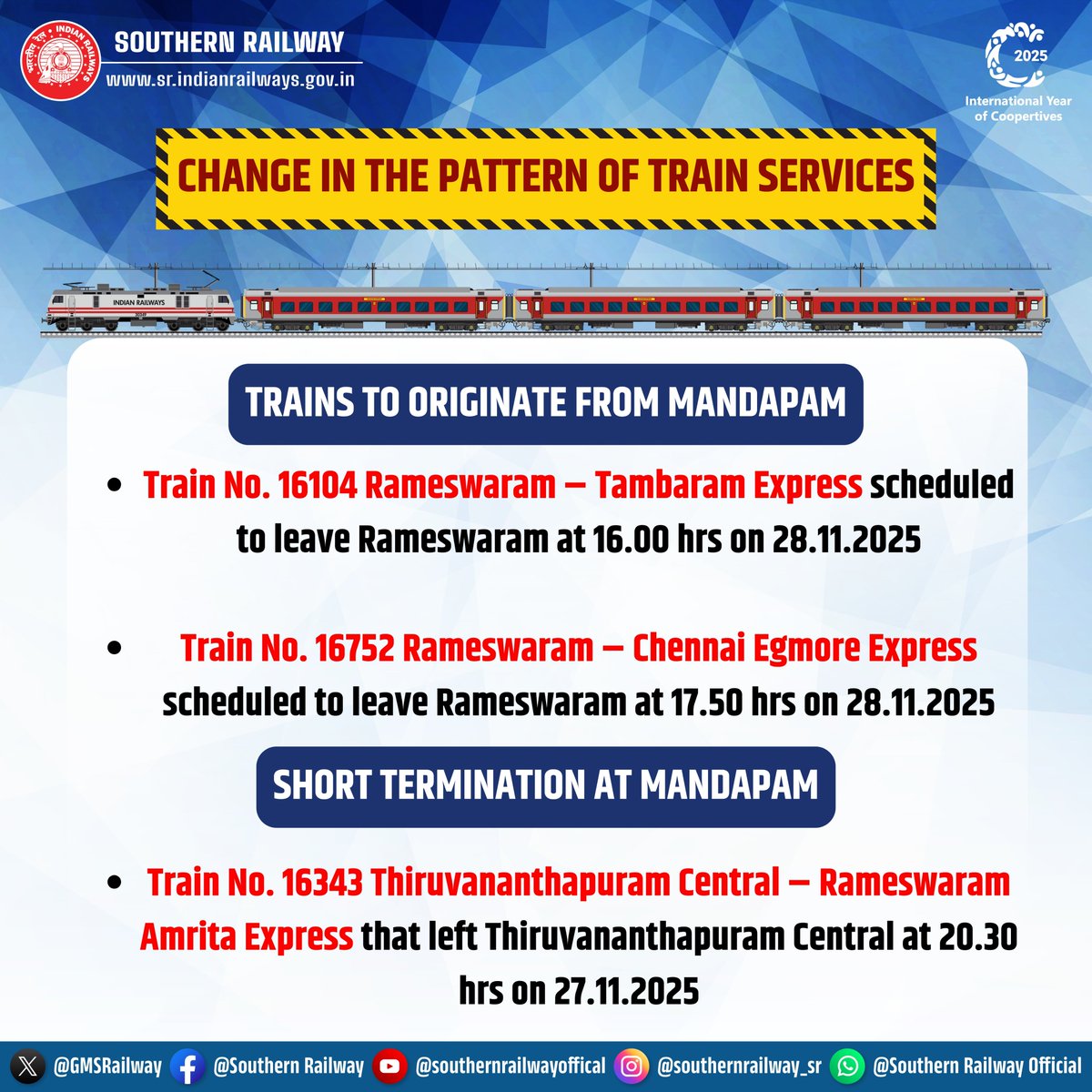 GMSRailway's tweet image. As the wind velocity on Pamban Bridge recorded 60.07 kmph, the following changes have been made in train services.⚠️

Passengers are requested to take note of the revised origins and short terminations and kindly plan their journey accordingly.

#SouthernRailway #TrainUpdates