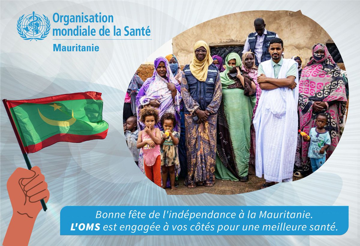 OMS_Mauritanie's tweet image. Bonne fête d’indépendance 🇲🇷🇲🇷🇲🇷
À cette occasion, l’OMS réaffirme son engagement aux côtés des autorités et du peuple mauritanien pour le renforcement durable du système de santé.
#Mauritanie #Indépendance #OMS #SantéPourTous @MSMauritanie @ONUMauritanie @OMS_Afrique