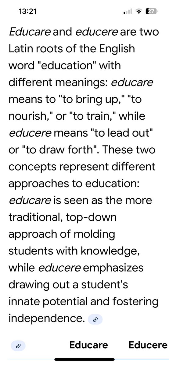 ArmandDAngour's tweet image. Amusing that Charles gets this wrong.
In Latin educere means “lead out” but “educare”, from which we get “education” (i.e. not “eduction”), though related, means “to train” or “to nourish”.