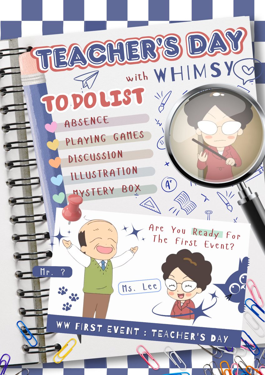 ❀࿐ Grab your notebooks, kkumja! 📝💫
Our 𝑻𝒆𝒂𝒄𝒉𝒆𝒓'𝒔 𝑫𝒂𝒚 𝑬𝒗𝒆𝒏𝒕 is officially starting, and Ms. Lee is waiting… with her pointer and her deadly stare. 👀🍎
Let’s celebrate, play, explore, and maybe survive the mystery box together! °𖦹 ₊˚