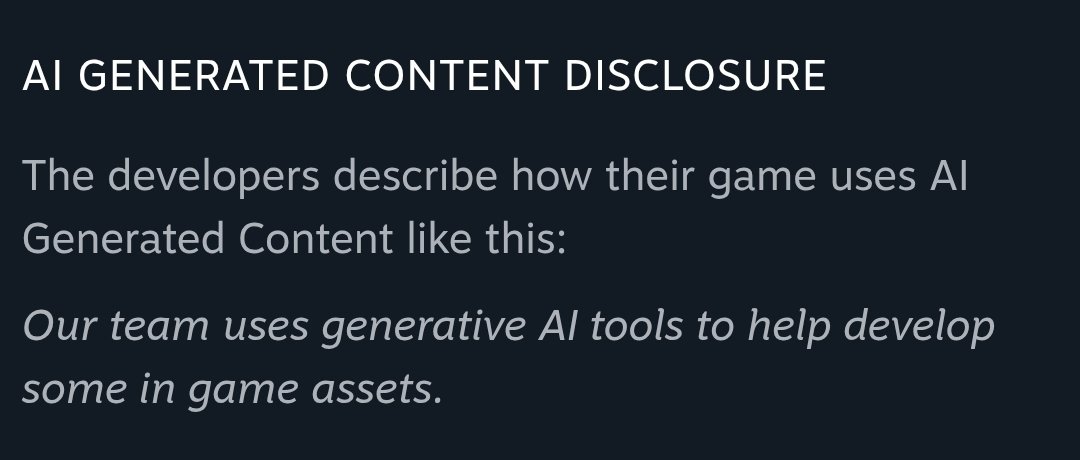 Zylofysucks's tweet photo. @pmtwreckhouse @CultureCrave which is why it's not just an "ai is used" label but instead an optional description for developers to explain in what way and/or to what extent is generative ai used in the game's development https://t.co/62vY4EQOcW