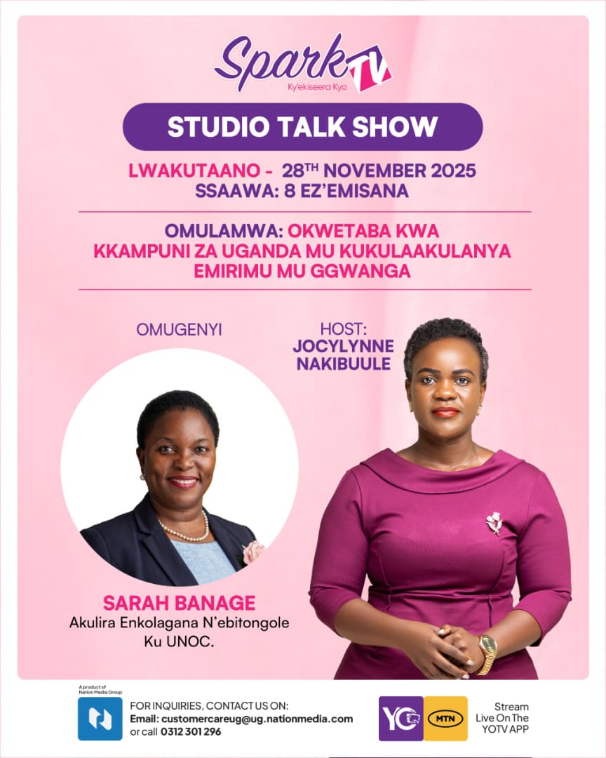 sparktvuganda's tweet photo. Olwaleero ku ssaawa 8 ez’emisana, tugenda kubeera twogerako ne Sarah Banage, Akulira Enkolagana N’ebitongole Ku @UNOC_UG ku nsonga y’okwetaba kwa kkampuni za Uganda mu kukulaakulanya emirimu mu Ggwanga. 
 #NationalContent

Labira ku | @YOTVChannelsUG | https://t.co/t6zAMdFO3R https://t.co/fwNipLM7UX