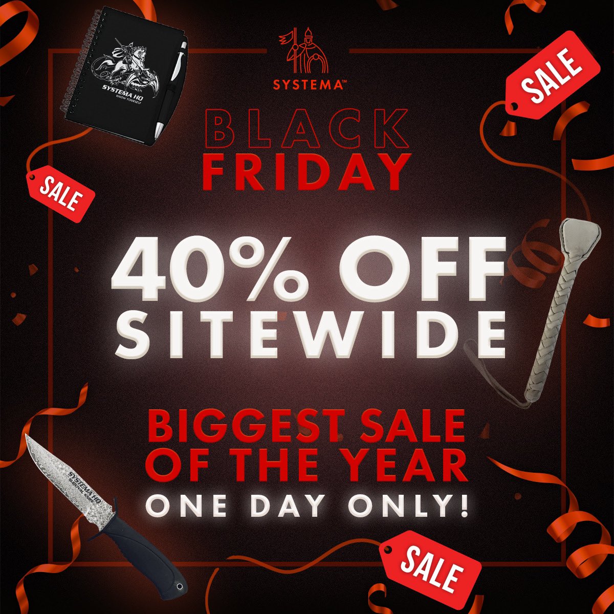 Have you been waiting for a BIG sale to get your Systema products?
Wait no more. The BIGGEST sale of the year is here!

40% off everything, sitewide for Black Friday.

No coupon needed, just enjoy your automatic 40% discounts at checkout! 
bit.ly/SystemaStore