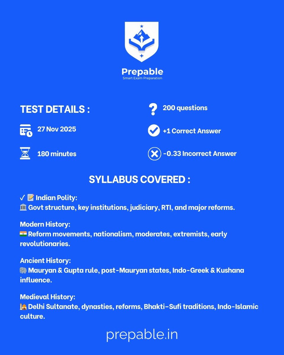 ja_yanta_'s tweet image. Module 2 Mock Test is LIVE! 🚀
Governance, Institutions &amp;amp; Economic Transformation — 200 questions, full syllabus coverage, smart analytics.
Start your attempt now 👉 prepable.in