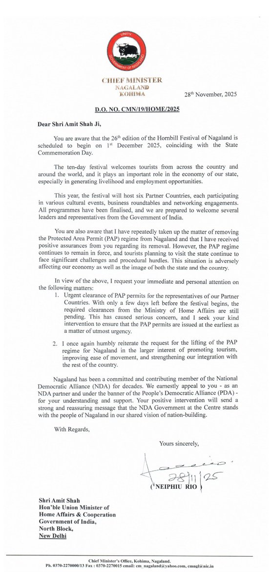 The Hon’ble Chief Minister, Shri <a href="/Neiphiu_Rio/">Neiphiu Rio</a> has once again written to the Union Home Minister, Shri <a href="/AmitShah/">Amit Shah</a>, urging the removal of the PAP regime from Nagaland and also take up the matter of clearances of the representatives of the Partner Countries of the Hornbill Festival.