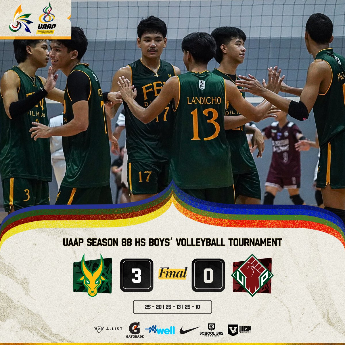 FEU-D Baby Tamaraws def. UPIS Junior Fighting Maroons, 3-0
[25 - 20 I 25 - 13 I 25 - 10]

#UAAPSeason88
#StrengthInMotionHopeInAction