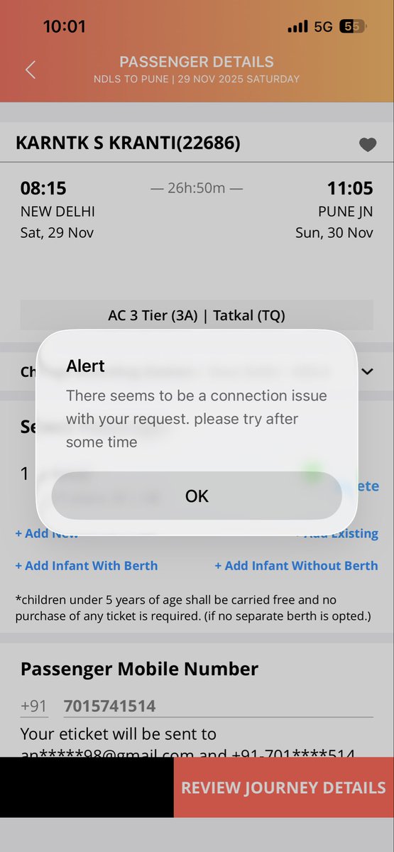 Amal70185244's tweet image. Trying to book a Tatkal ticket on IRCTC with full 5G, but the app keeps showing connection issue and service unavailable. Please fix this. 🙏

@IRCTCofficial @RailMinIndia @RailwaySeva  @PMOIndia

#IRCTC #Tatkal #DigitalIndia