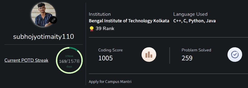 Subhojyoti_110's tweet image. 1000+ GFG points unlocked!
159-day POTD streak 🔥
One step closer every single day.

#gfg #streak #problemsolving #DSA