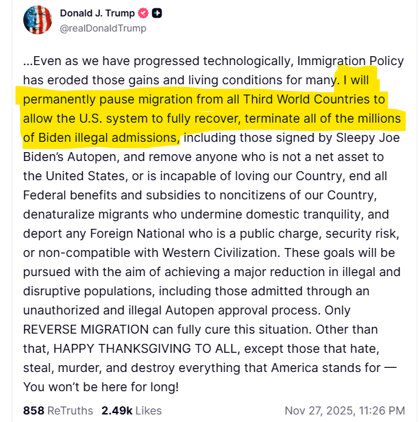 🚨 BREAKING🚨

President Trump has announced tonight that he will permanently pause all 3rd world migration and cancel the millions of Biden admissions that should never have happened.

Good news.