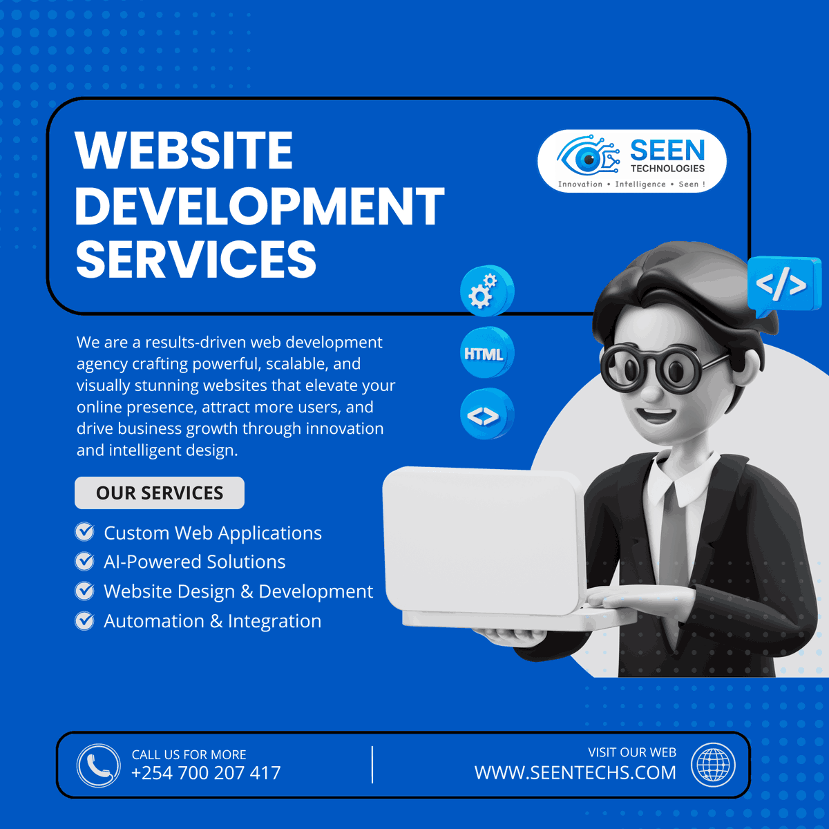 _odhiamboatieno's tweet image. Build intelligent, AI-powered websites with Seen Technologies. We deliver responsive, smart web solutions designed to grow your business and optimize performance. Contact us: +254 700 207 417 | info@seentechs.com | seentechs.com #WebDev #AI #SmartSystems