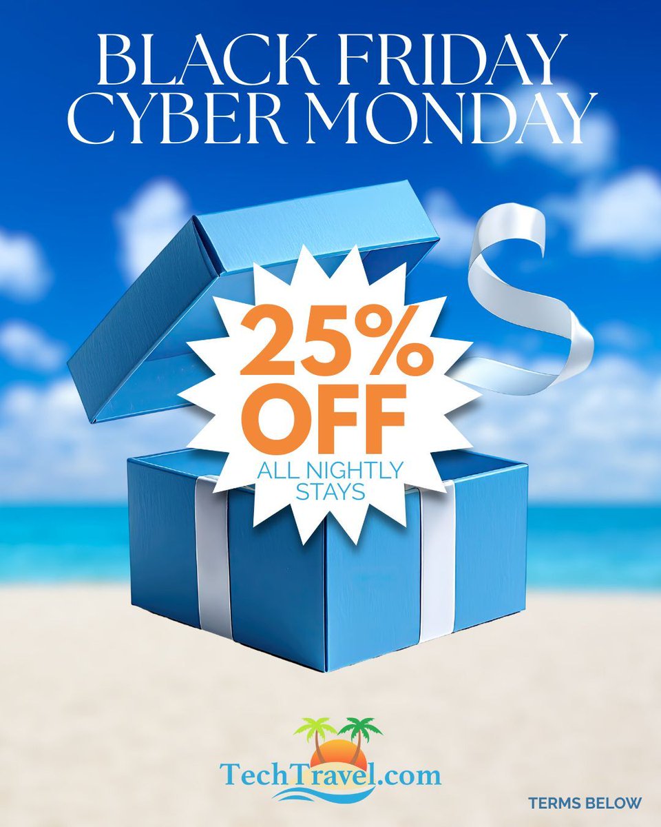 Black Friday is here!!! 🏝 From now through Cyber Monday, enjoy 25% OFF all nightly stays with code BLACKCYBER at TechTravel.com! 

Eligible booking dates:
11/28/25–2/5/26
4/26/26–12/17/26

🥂 Holidays included!

🕕 Sale ends 12/1 at MIDNIGHT!