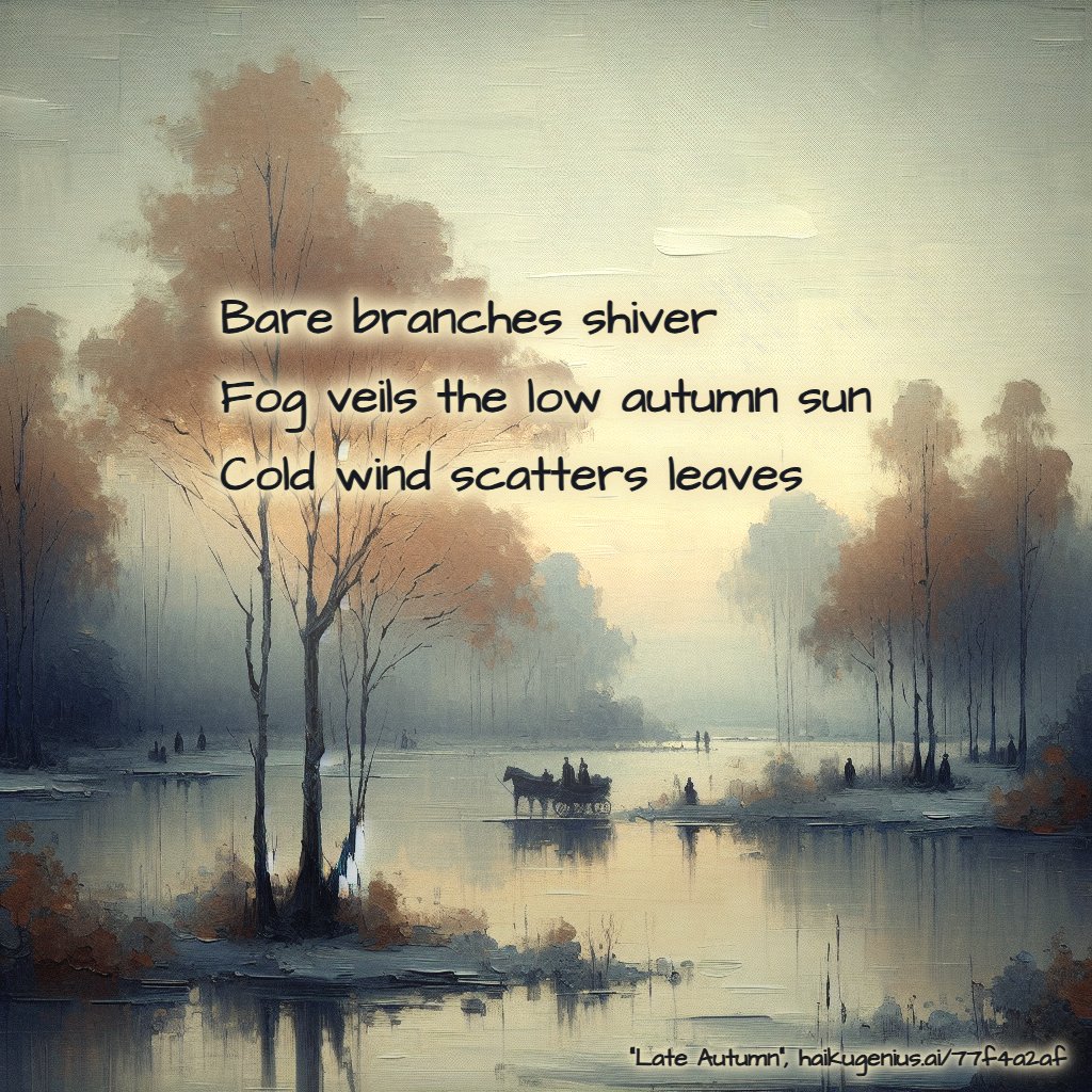 Bare branches shiver
Fog veils the low autumn sun
Cold wind scatters leaves
"Late Autumn", haikugenius.ai/77f4a2af

✨ Create your own beautiful haiku with stunning generative art—free and no signup needed! Try it now: haikugenius.ai

#LateAutumn #haiku #haikudaily