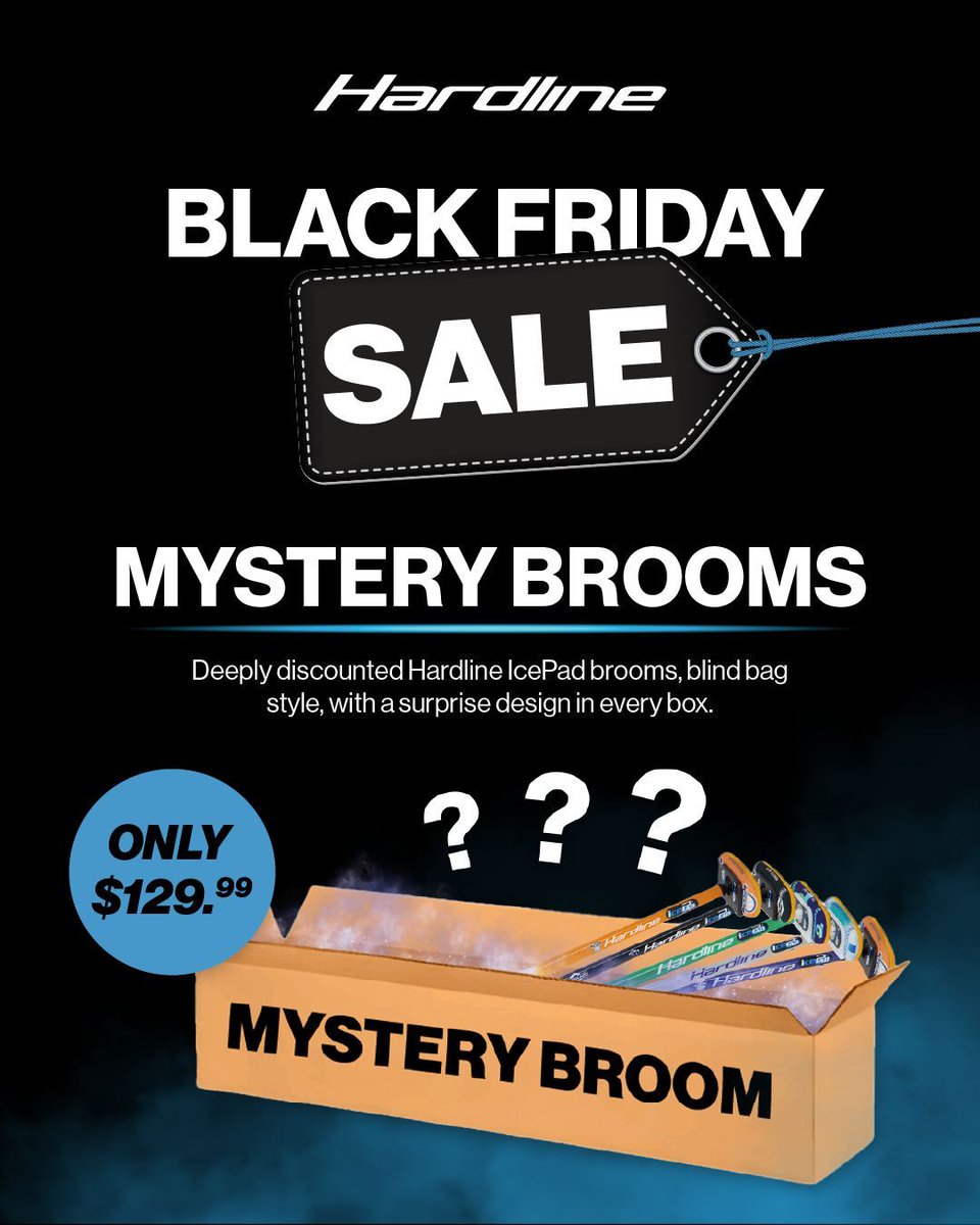 HardlineCurling's tweet image. Black Friday starts now.
Mystery Brooms are now available. Get a top-tier Hardline IcePad broom for $129.99 with a surprise design in every box.

Lowest price ever. Limited quantities.
#JoinTheRevolution