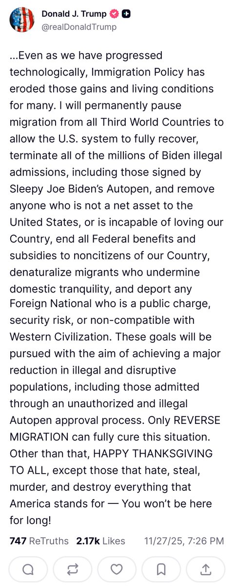 Anarseldain's tweet image. Incredible posts from Trump tonight:

"The refugee burden is the leading cause of social dysfunction in America...The seriously retarded governor of Minnesota, Tim Walz, does nothing"

"I will permanently pause migration from all Third World Countries...Only REVERSE MIGRATION can…