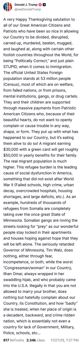 Anarseldain's tweet image. Incredible posts from Trump tonight:

"The refugee burden is the leading cause of social dysfunction in America...The seriously retarded governor of Minnesota, Tim Walz, does nothing"

"I will permanently pause migration from all Third World Countries...Only REVERSE MIGRATION can…