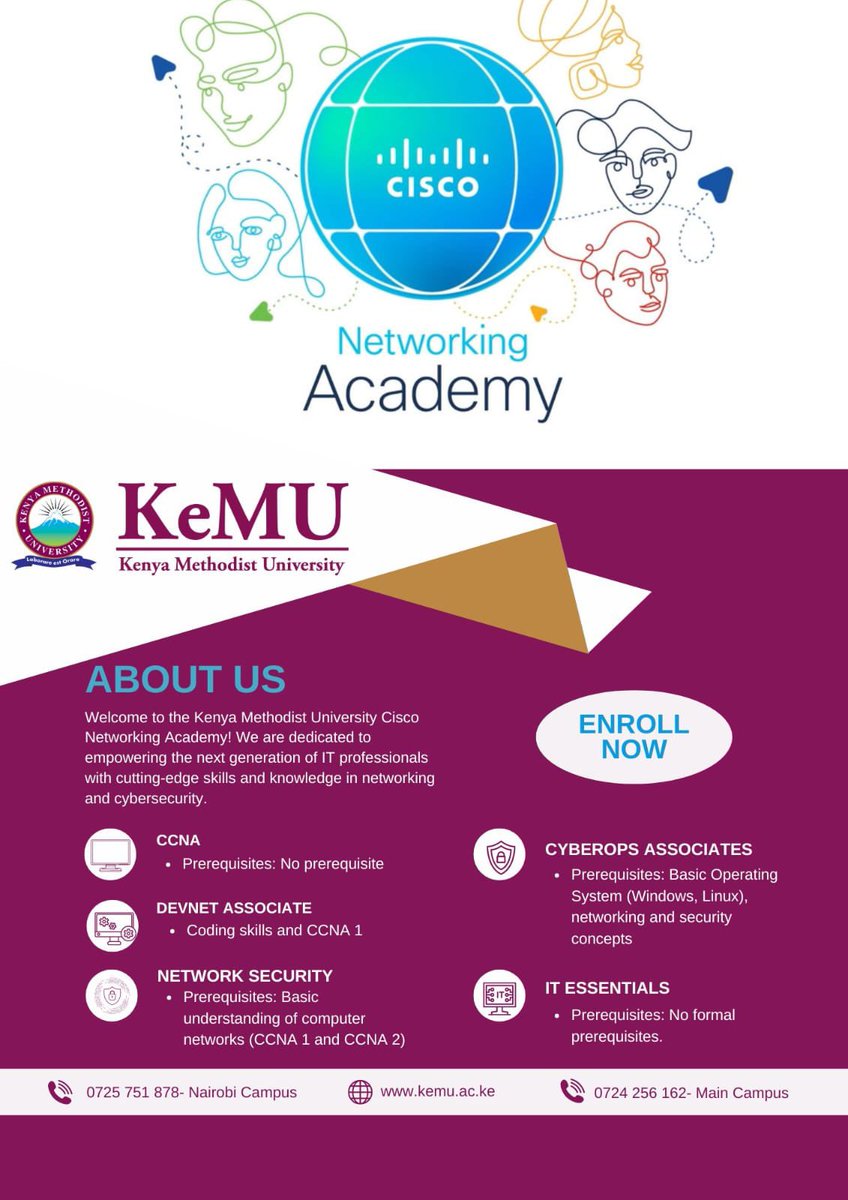 kemukenya's tweet image. Are you starting out or leveling up your IT career? KeMU has got the perfect pathway for you; from CCNA, Network Security, CyberOps, DevNet, to IT Essentials.

💻 Register today and start your journey: kemu.ac.ke

#CiscoNetworkingAcademy #FutureReady #Networking