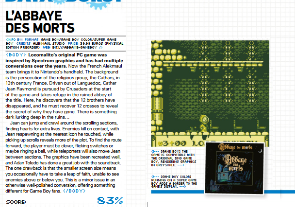 Always proud to see my games in a magazine.
Thanks retrogamer UK magazine for L'abbaye des morts test!
facebook.com/RetroGamerUK
#retrogaming #gb #homebrew #indiegames #indiedev #gbdev #abbayemorts