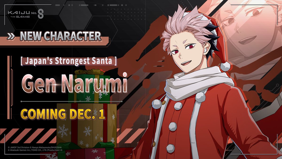 kj8_TheGame_EN's tweet photo. ◤  [Japan's Strongest Santa]
 　　　　Gen Narumi
　　  Coming December 1　  ◢

[Japan's Strongest Santa] Gen Narumi will be added to the game in the upcoming update on December 1 JST (UTC+9)!

We plan on dropping a sneak peek skill showcase of Captain Narumi in a Santa suit on November 29 JST (UTC+9)!

#K8Game #KaijuNo8