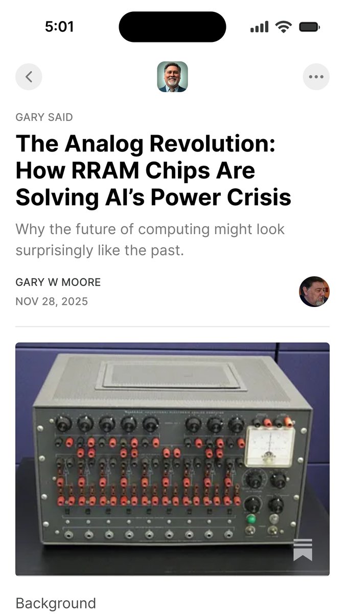 vorbitz's tweet image. The Analog Revolution: How RRAM Chips Are Solving AI’s Power Crisis open.substack.com/pub/garysaid/p… 
#GPU #TPU #Analog #AI #tensor
