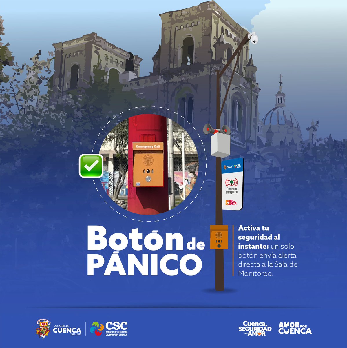 CSC_CUENCA's tweet image. Activa tu seguridad con un solo botón. 

Los botones de pánico están ubicados estratégicamente en sectores de alto tránsito. 
Al presionarlos, se activa una alerta inmediata en la Sala de Monitoreo.