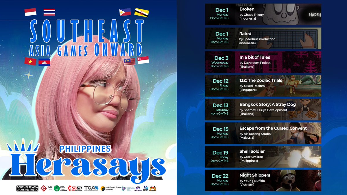 TheHeraSays's tweet image. Happy to announce that I&apos;m one of the streamers for the Southeast Asia Games Onward this December! These are the games I&apos;ll be covering the month (+maybe more demos if there&apos;s time!)

Thank you @SEAGamethetic @VirtualSEAsia @PlayPrimeShow @igg_philippines for this opportunity!
