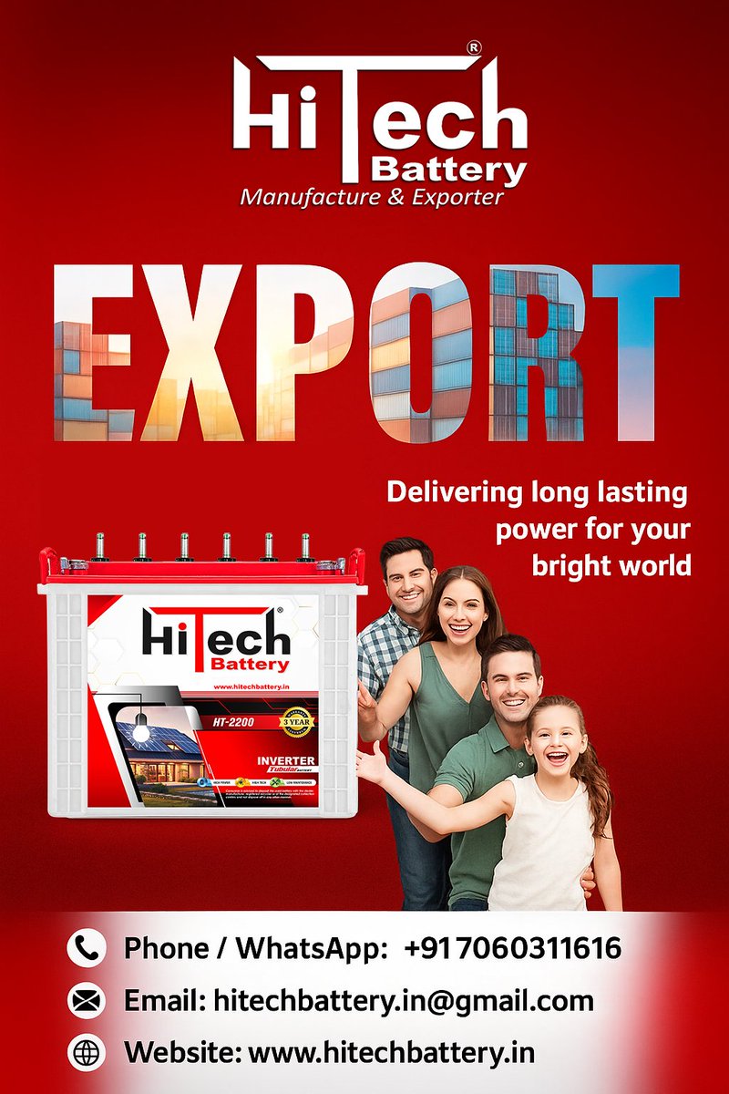 HitechBattery's tweet image. 🌍 POWERING THE WORLD WITH TRUSTED ENERGY 🔋
HiTech Battery delivers long-lasting power for homes &amp;amp; businesses worldwide.
Quality you can trust. Performance you feel.

📞 +91 7060311616 | 🌐 hitechbattery.in

#HiTechBattery #PoweringTheWorld #InverterBattery #SolarBattery